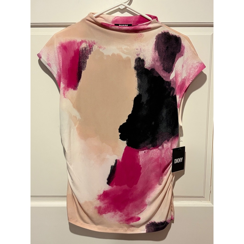 DKNY Womens Abstract Pink Watercolor Mock Neck Ruched Sleeveless Top XL NEW
